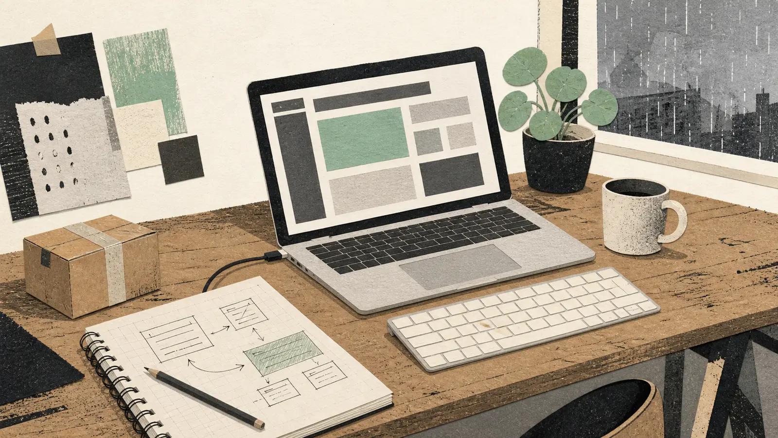 An editorial collage of an independent ecommerce developer's desk with a storefront sketch, laptop, parcel and rainy window