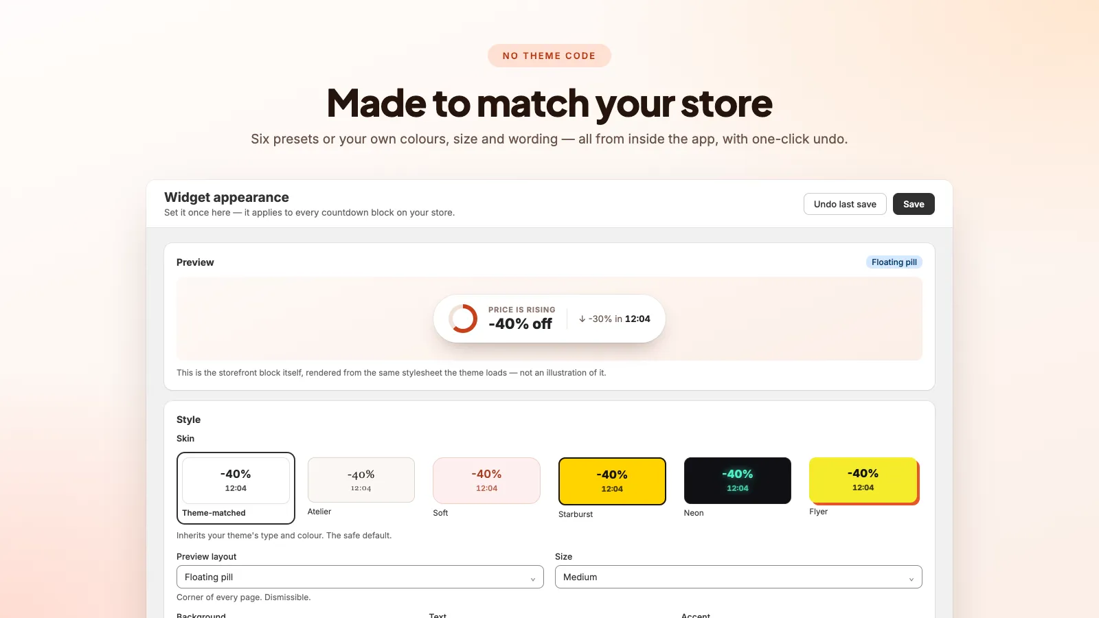Six countdown widget presets — theme-matched, Atelier, Soft, Starburst, Neon and Flyer — with colour and wording controls