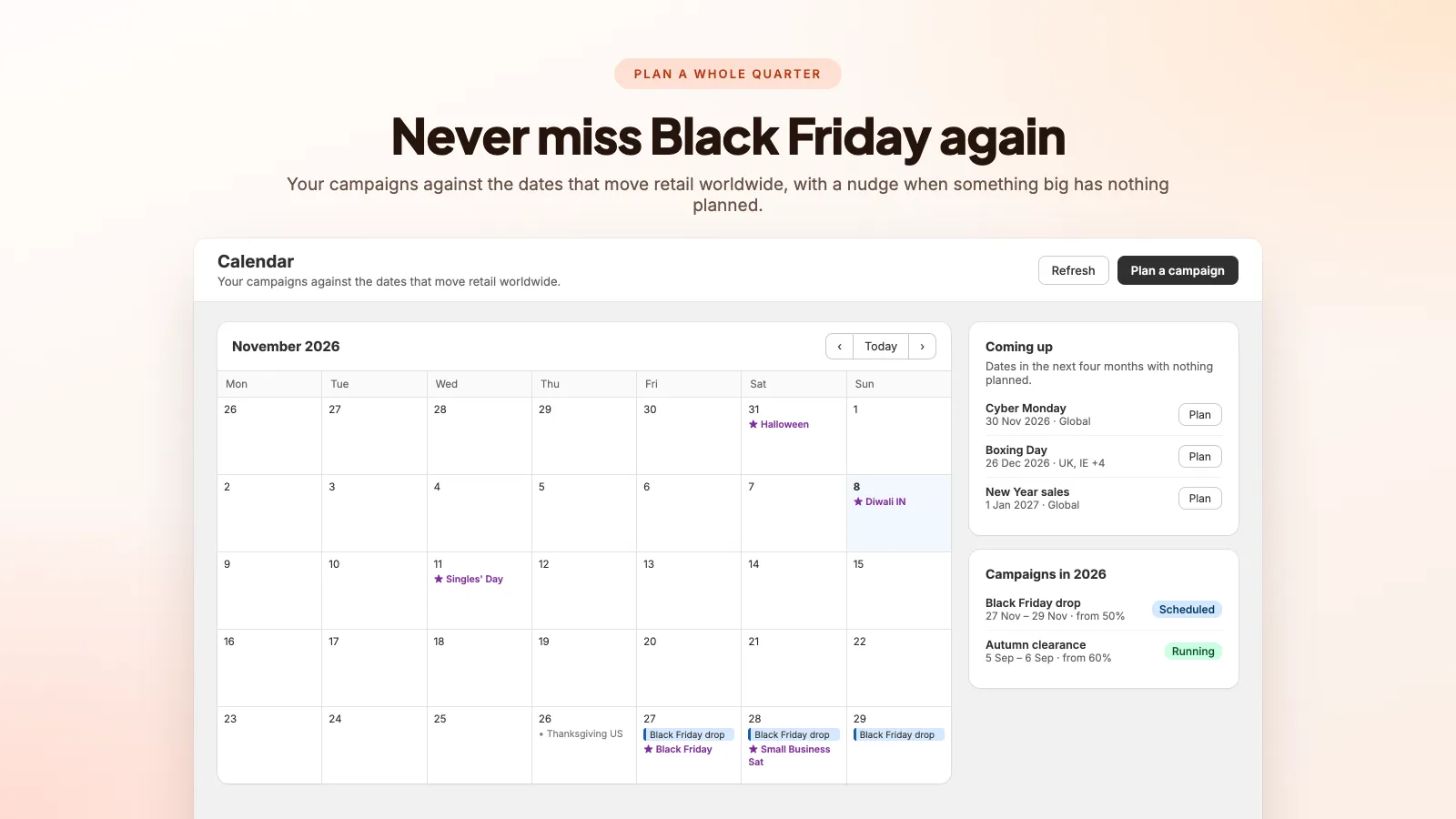 A retail planning calendar for November showing a scheduled Black Friday campaign and suggestions for Cyber Monday and Boxing Day