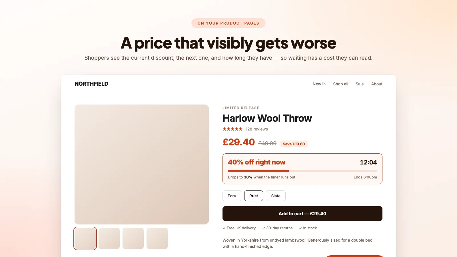 A Shopify product page showing 40% off right now with a countdown to the next drop to 30%