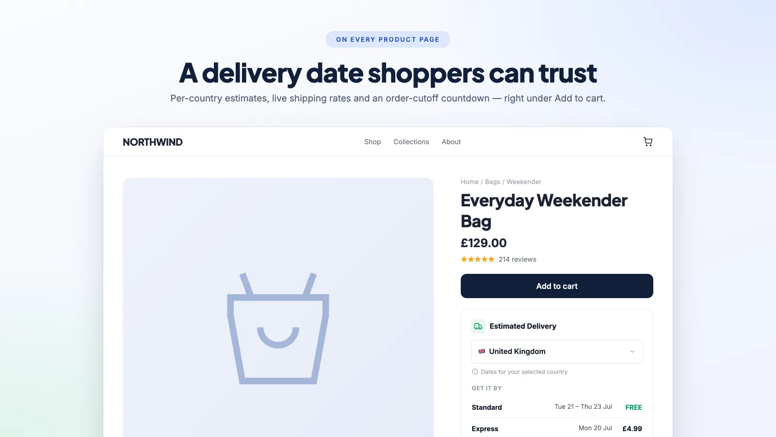 Estimated delivery date widget on a Shopify product page showing an arrival date, shipping rates and an order cut-off countdown