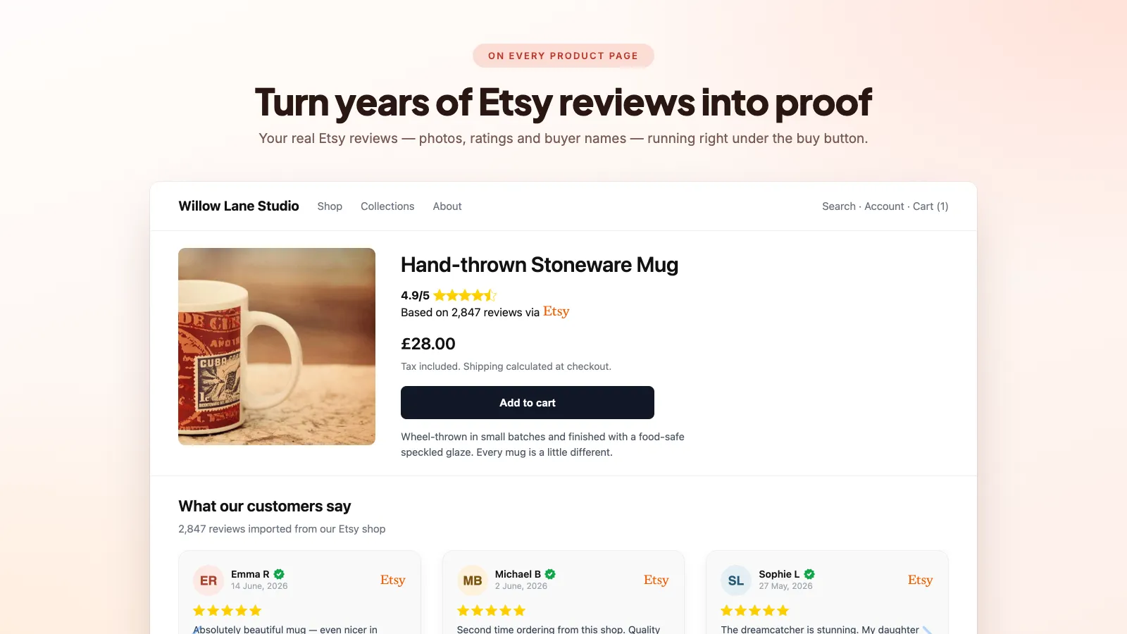 Imported Etsy reviews on a Shopify product page: star rating beside the price and a review carousel below the add to cart button