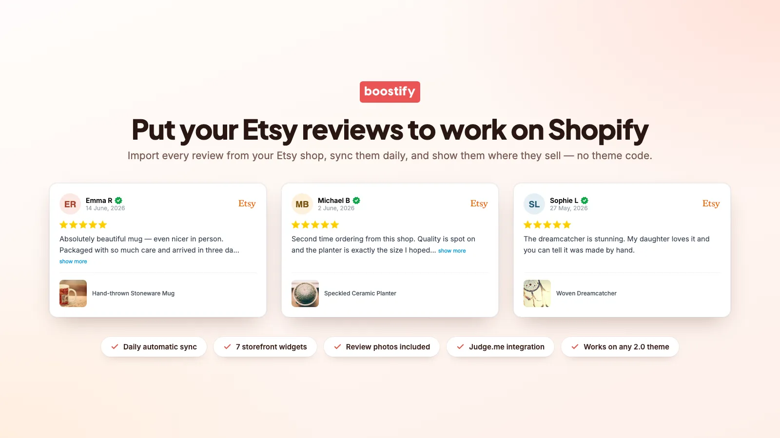 Verified Etsy reviews with star ratings and product photos imported onto a Shopify store by Boostify Etsy Reviews Importer