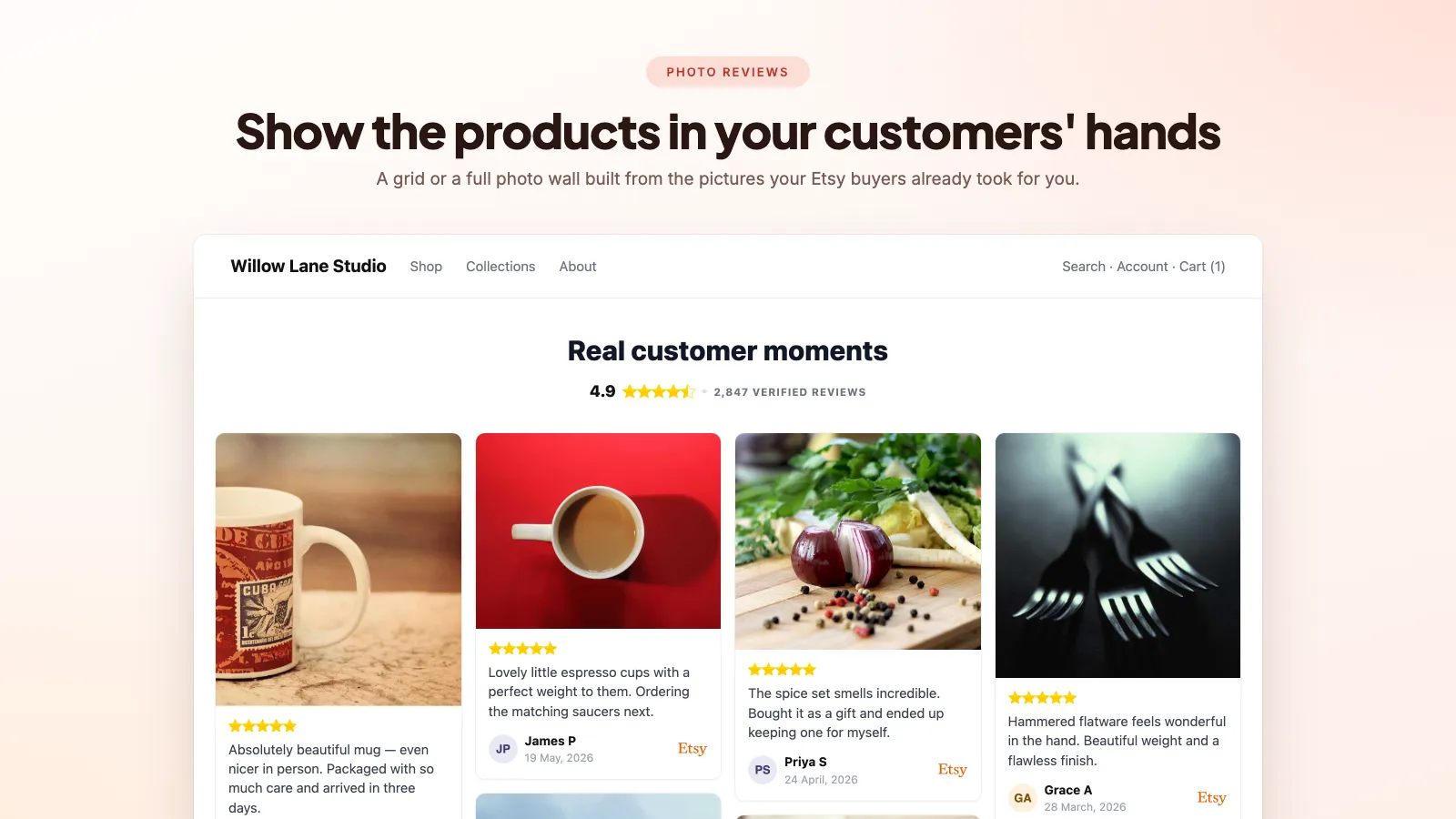 Etsy photo review wall on a Shopify store showing customer photographs with star ratings and verified Etsy attribution