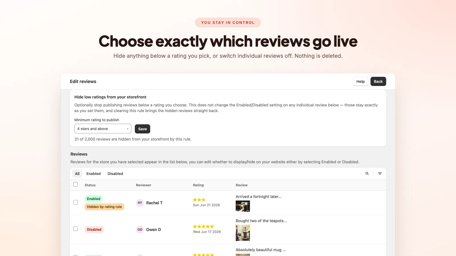 Review settings in the Boostify Etsy Reviews Importer app, hiding reviews below a chosen star rating and enabling or disabling individual reviews