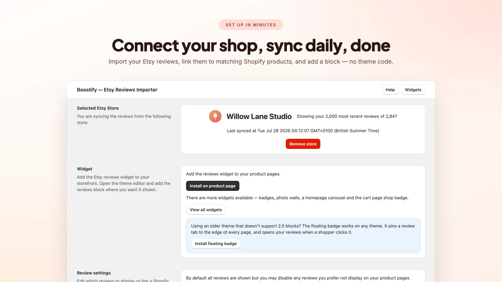 Etsy reviews sync app connected to an Etsy shop, showing the last sync time and a one-click install of the reviews widget onto a Shopify product page