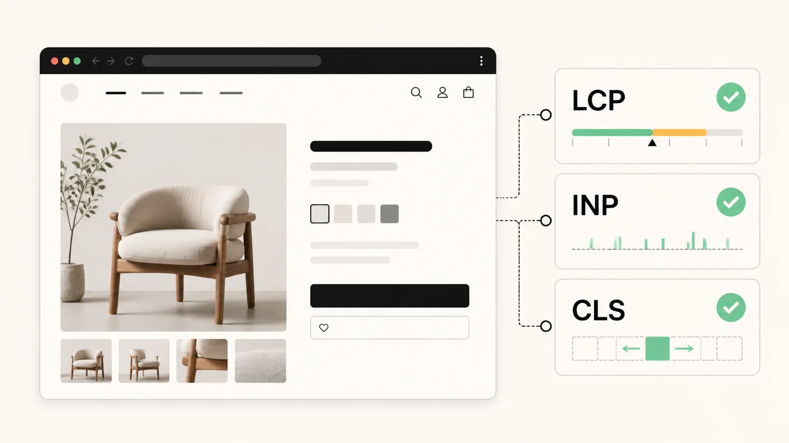 An ecommerce product page beside panels illustrating the LCP, INP and CLS Core Web Vitals