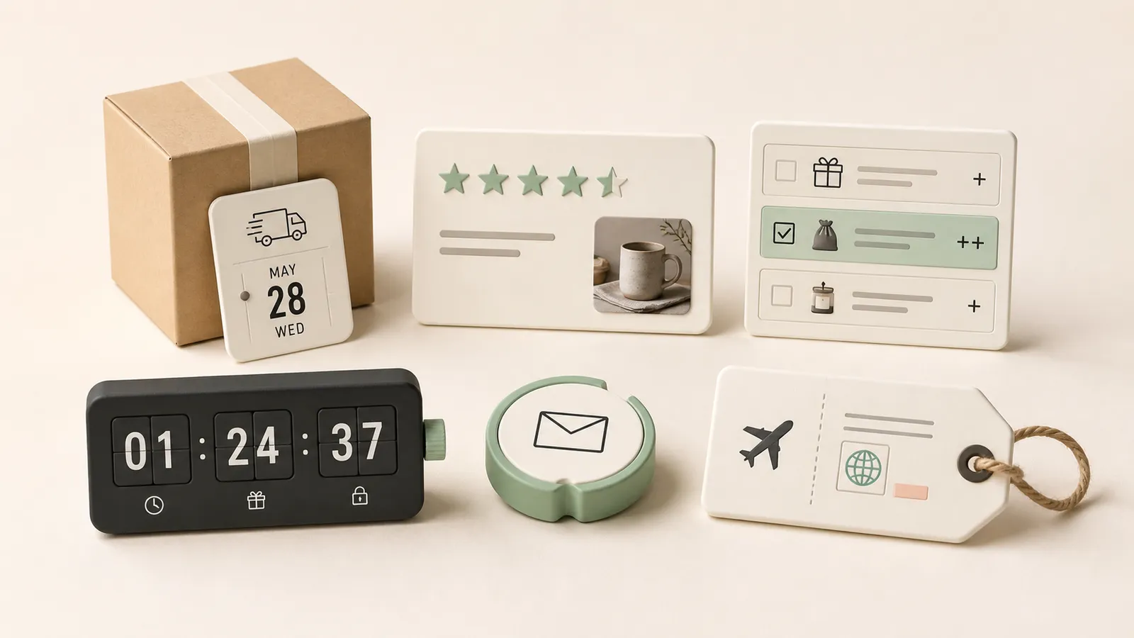 A tactile collection of ecommerce tools representing delivery dates, product reviews, add-ons, countdown discounts, email capture and international shipping