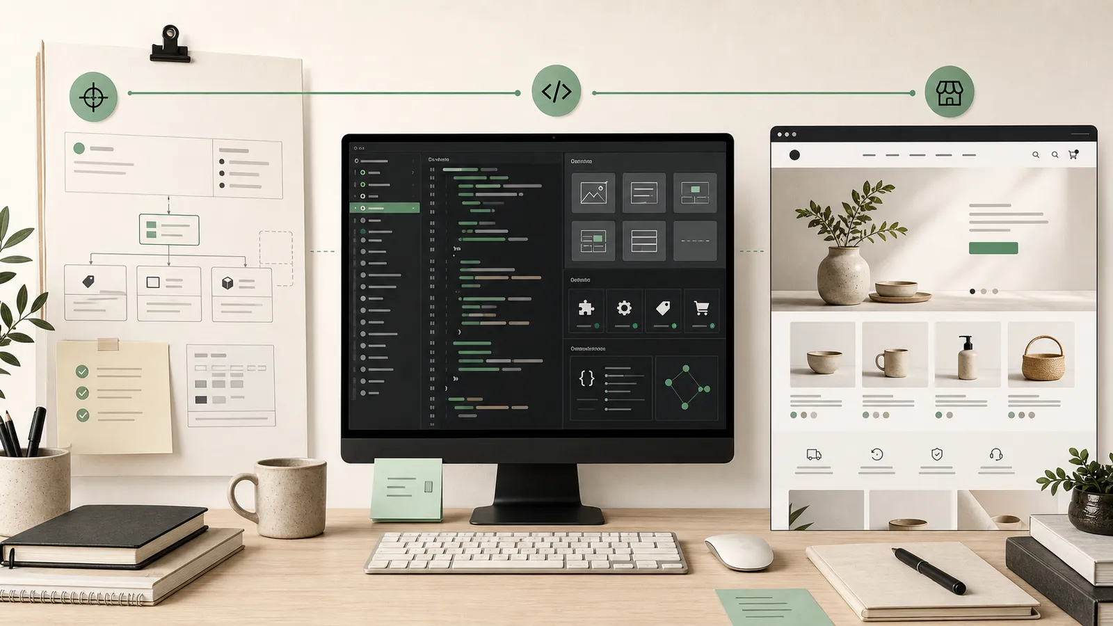 A Shopify development workflow moving from project scope through app code to a finished ecommerce storefront